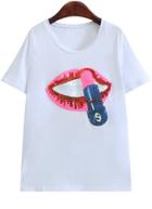 Romwe With Sequined Lip Pattern White T-shirt