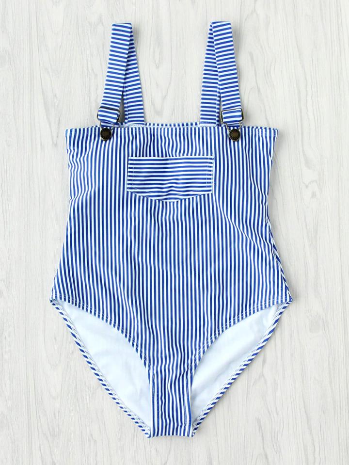 Romwe Vertical Striped Overall Swimsuit
