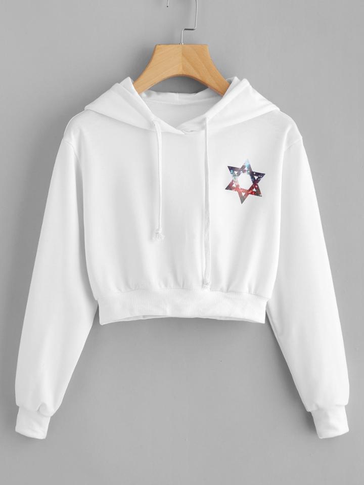 Romwe Hexagram Print Crop Hooded Sweatshirt