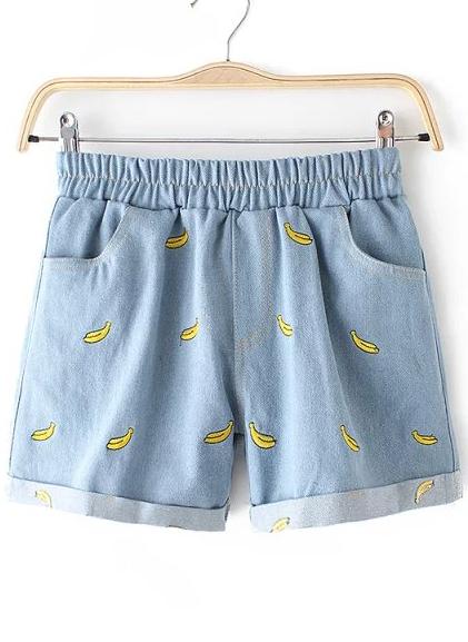 Romwe Blue Elastic Waist Banana Embroidered Denim Shorts