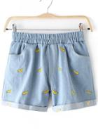 Romwe Blue Elastic Waist Banana Embroidered Denim Shorts