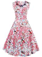 Romwe Pink Blossom Print Fit And Flare Dress