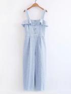 Romwe Cami Straps Ruffle Trim Pinstripe Jumpsuit