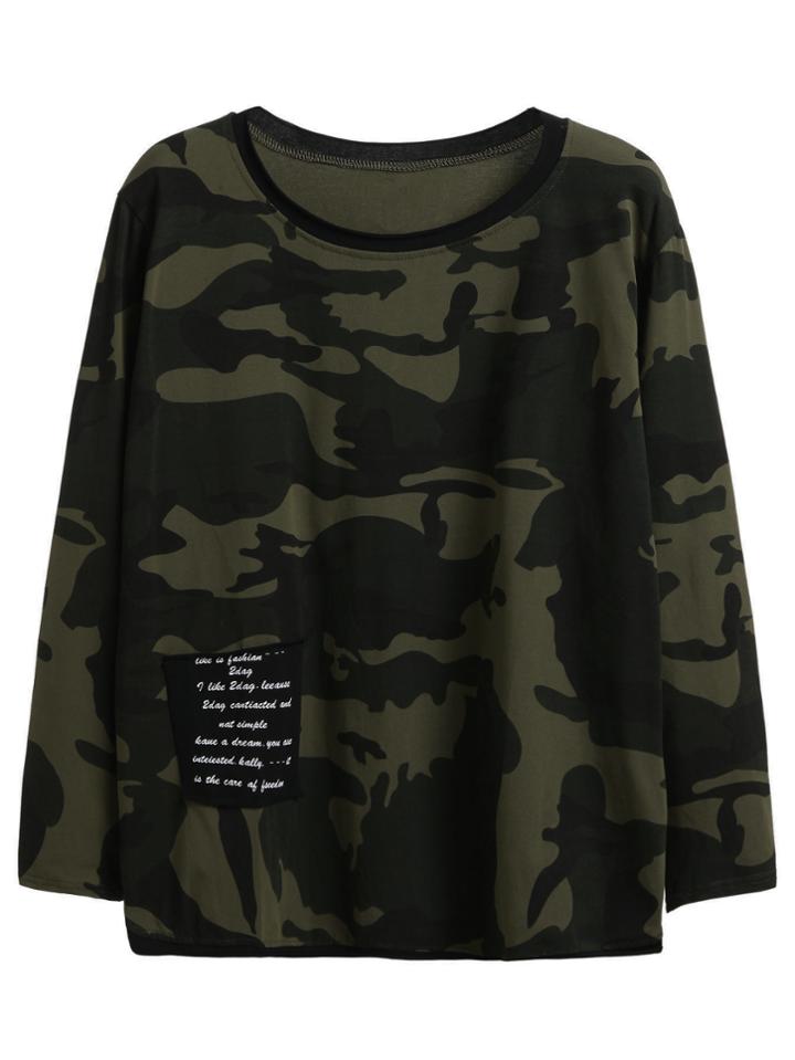 Romwe Camo Print Contrast Pocket T-shirt