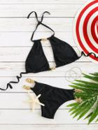 Romwe Black Metal Chain Detail Halter Bikini Set