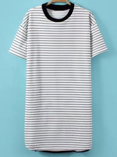 Romwe Black White Stripe Split Side Short Sleeve Dress
