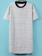 Romwe Black White Stripe Split Side Short Sleeve Dress