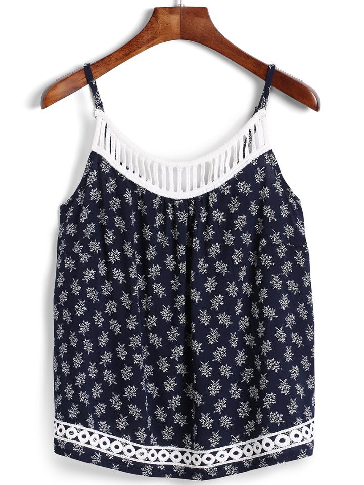 Romwe Spaghetti Strap Crochet Print Chifrfon Cami Top