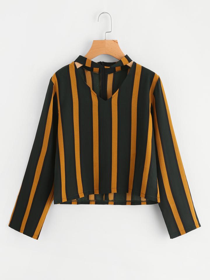 Romwe V Cut Striped Blouse