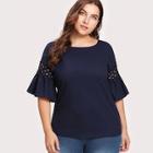 Romwe Plus Hollow Out Crochet Panel Flounce Sleeve Blouse
