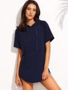 Romwe Navy Short Sleeve Pocket Hooded T-shirt