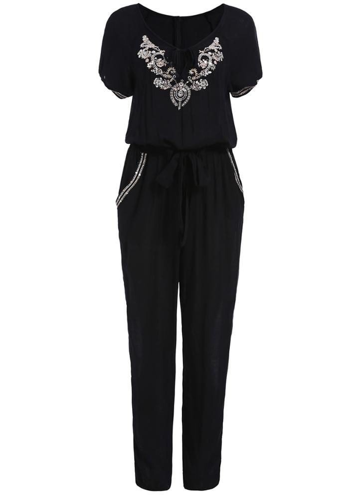 Romwe Short Sleeve Embroidered Keyhole Jumpsuit