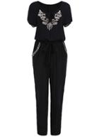 Romwe Short Sleeve Embroidered Keyhole Jumpsuit