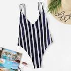 Romwe Striped Double Straps Backless One Piece Swimsuit