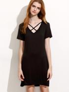 Romwe Black Lattice Neck Shift Dress