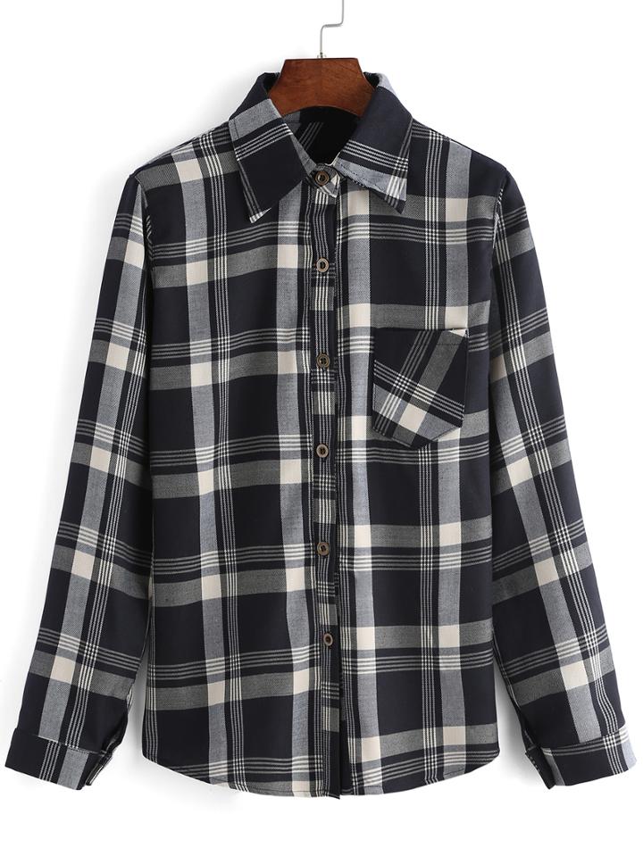 Romwe Lapel Plaid Pocket Buttons Blouse