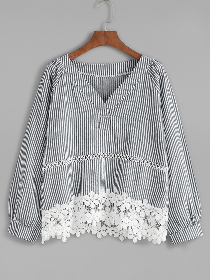 Romwe Vertical Striped V Neck Contrast Lace Hem Blouse