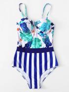 Romwe Palm Print Striped Swimsuit