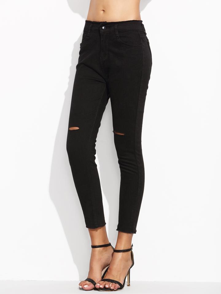 Romwe Black Ripped Raw Hem Pants