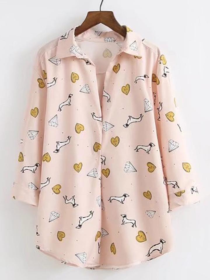 Romwe Polo Neck Printed Smock Top