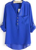 Romwe Blue V Neck Epaulet Dip Hem Chiffon Blouse