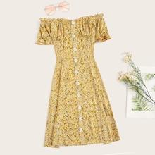 Romwe Off Shoulder Single Breasted Floral Dress