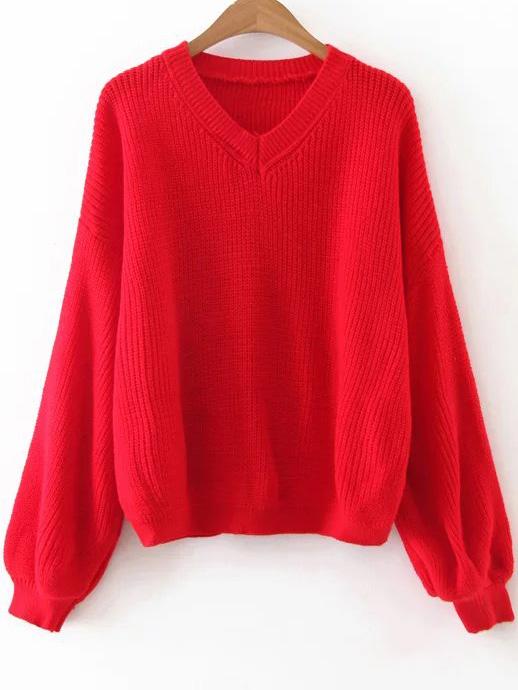 Romwe Red V Neck Lantern Sleeve Sweater