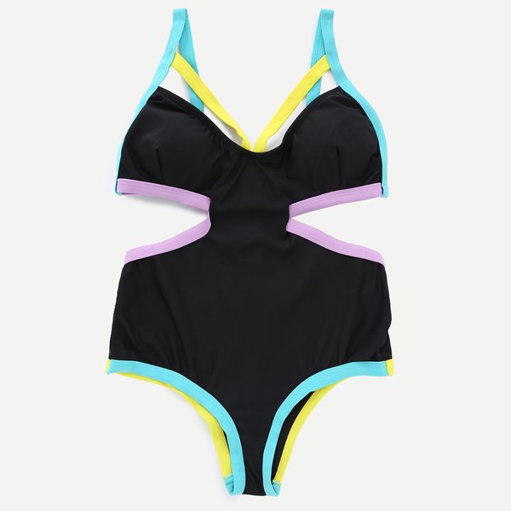 Romwe Black Cut Out Strappy One Piece Swimwear