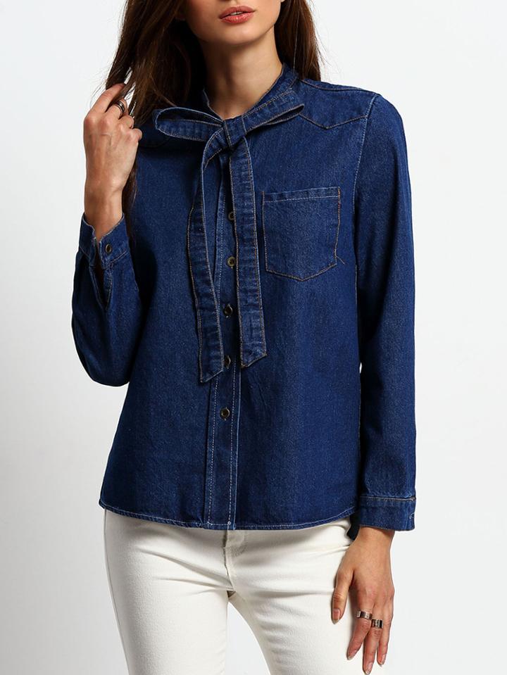 Romwe Tie Neck Denim Blouse