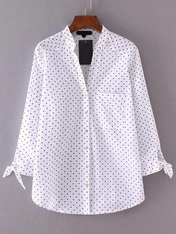 Romwe White Polka Dot Tie Cuff Pocket Blouse