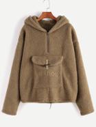 Romwe Zip Detail Horn Button Embroidered Pocket Hooded Fleecy Sweatshirt