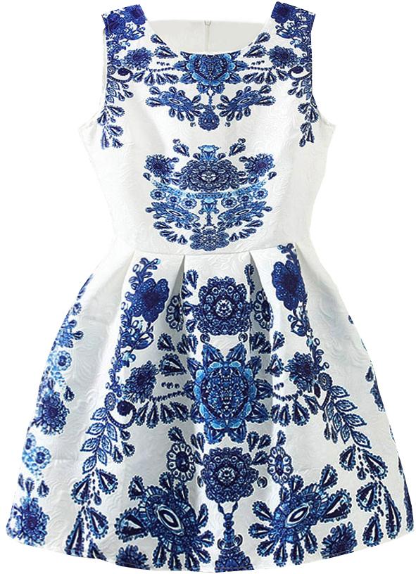 Romwe Sleeveless Blue And White Porcelain Print Flare Dress