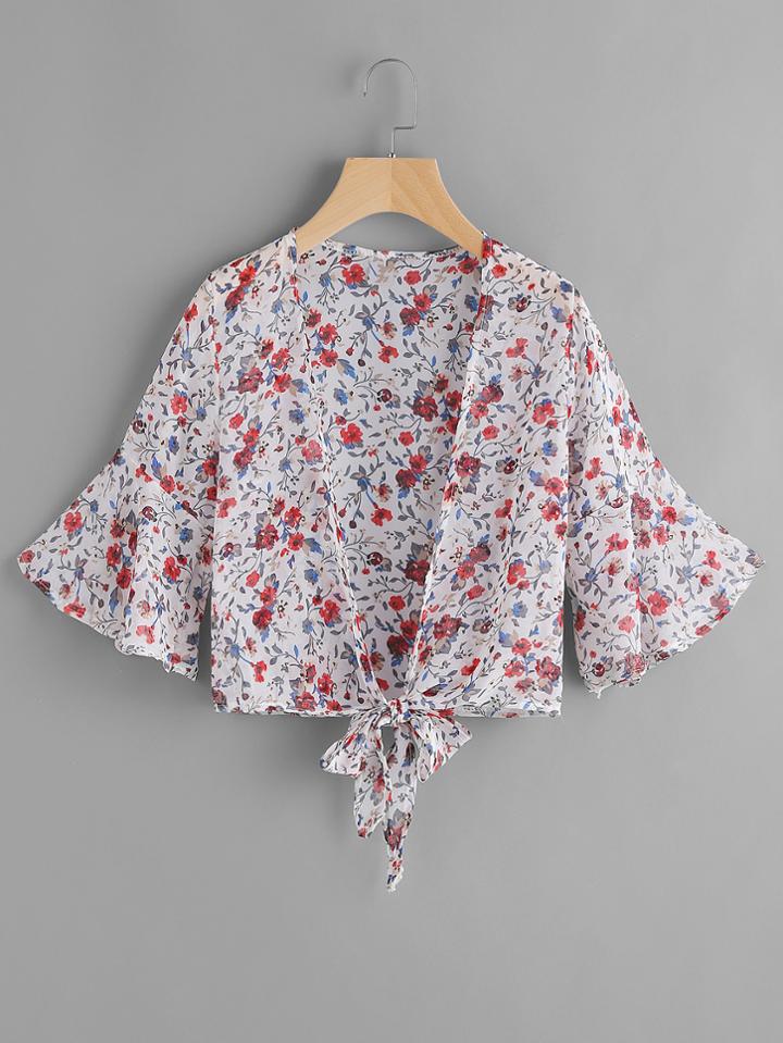 Romwe Fluted Sleeve Ditsy Print Random Knot Open Front Top