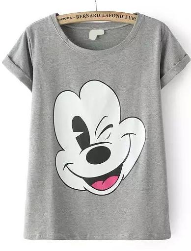 Romwe Mickey Print Loose Grey T-shirt