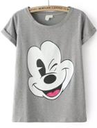 Romwe Mickey Print Loose Grey T-shirt