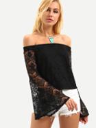 Romwe Off-the-shoulder Bell Sleeve Lace Top - Black