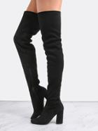 Romwe Square Toe Suede Thigh Boots Black