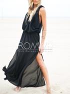 Romwe Black Sleeveless Split Maxi Dress