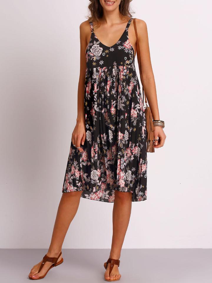 Romwe Black V Neck Florals Chiffon Dress