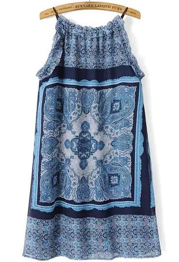 Romwe Blue Spaghetti Strap Floral Straight Dress