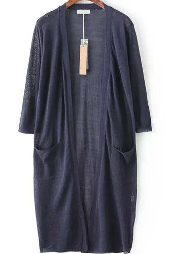 Romwe Three Quarter Length Sleeve With Pockets Navy Cardigan