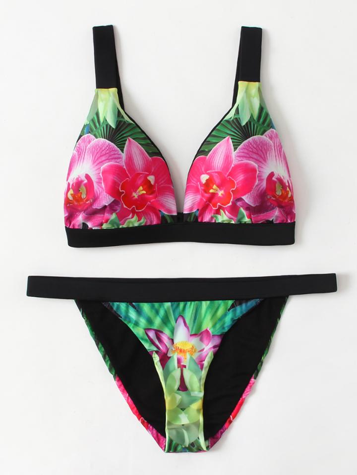 Romwe Flower Print High Leg Bikini Set