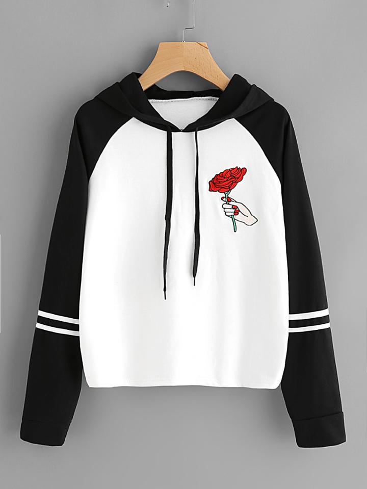 Romwe Rose Embroidered Contrast Striped Sleeve Hoodie