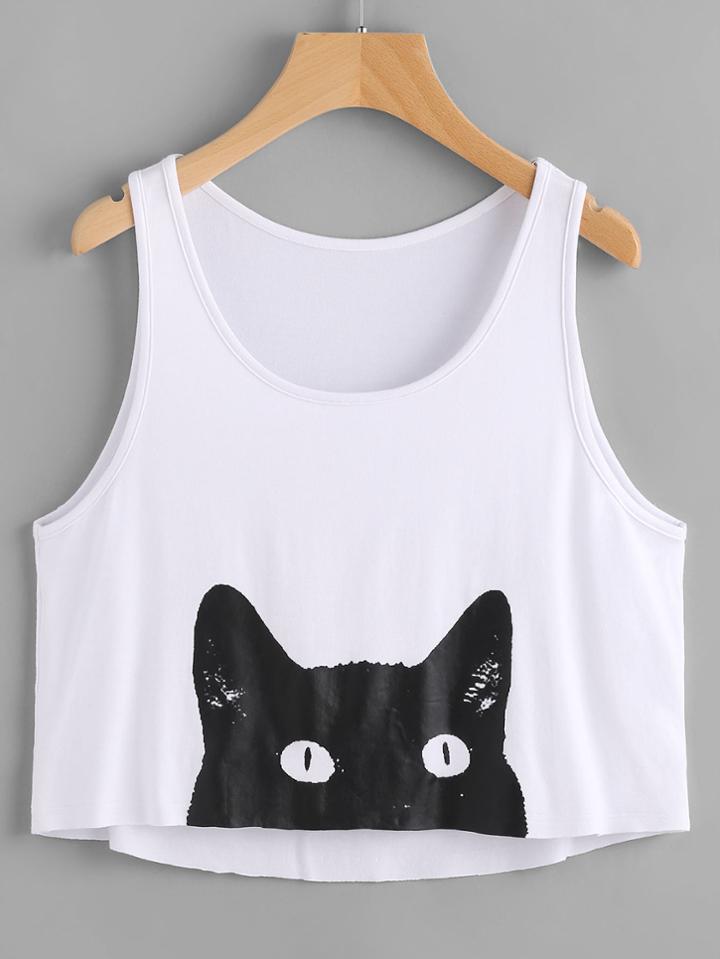 Romwe Cat Print Curved Back Crop Tank Top