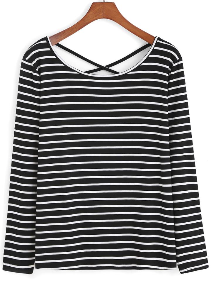 Romwe Crisscross Back Striped T-shirt