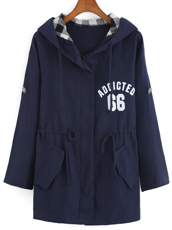 Romwe Hooded Drawstring Letter Print Navy Coat
