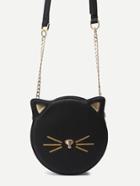 Romwe Black Pu Round Shaped Zip Closure Crossbody Cat Bag