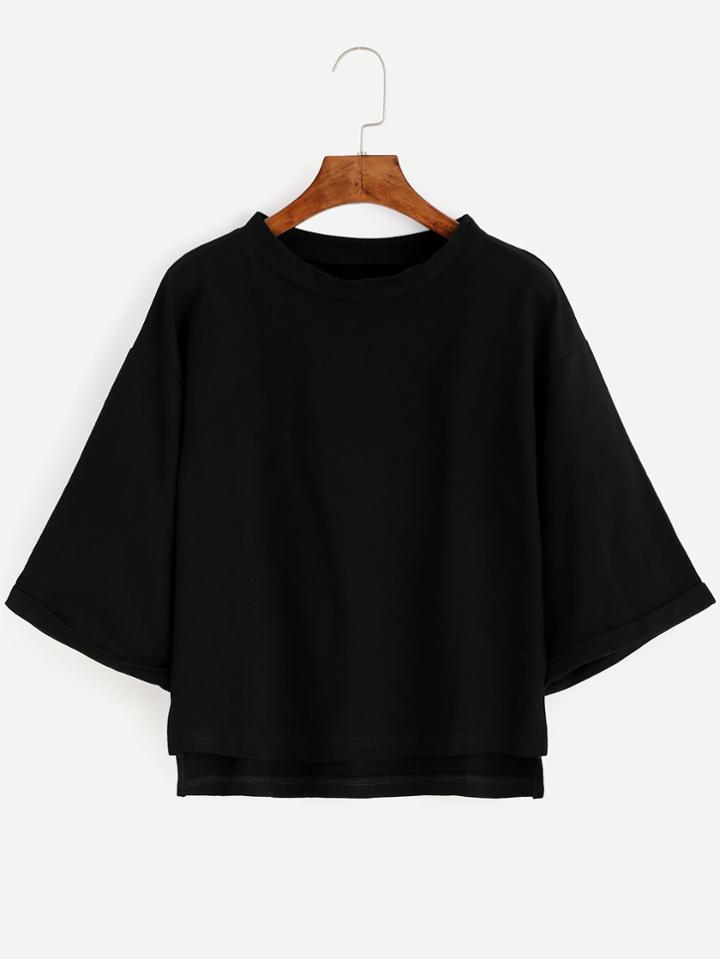 Romwe Black Cuffed Sleeve T-shirt