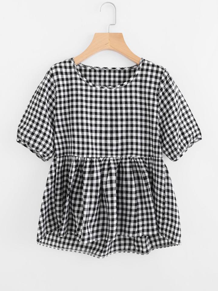 Romwe Checked Dip Hem Frill Blouse
