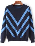 Romwe Crew Neck Chevron Print Navy Knitwear